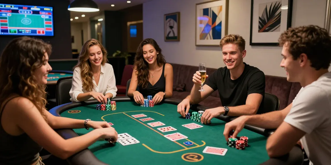 Friends enjoying a lively game of tempototo at a modern casino with poker chips and cards.