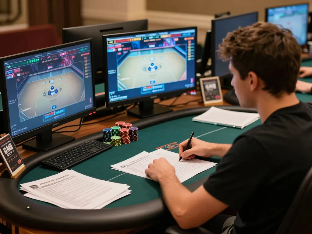IDNSCORE player strategizing during an online poker game, showcasing multiple screens and notes