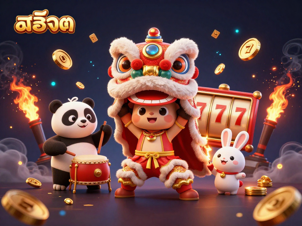 Experience thrilling สล็อต gameplay with a vibrant lion dance and festive characters amid dynamic casino elements.