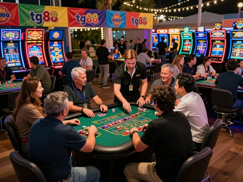 Players cheering at a tg88 roulette table during a festive outdoor casino event.