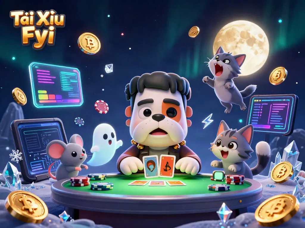 Tài Xỉu Fyi showcases a lively casino scene with a Frankenstein bulldog dealing cards, enhancing the online gambling experience.