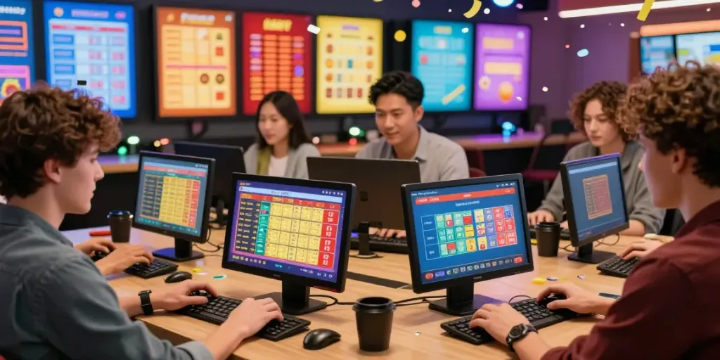 Pengguna aktif bandar togel online dengan layar penuh grafik menarik dan ekspresi bahagia.