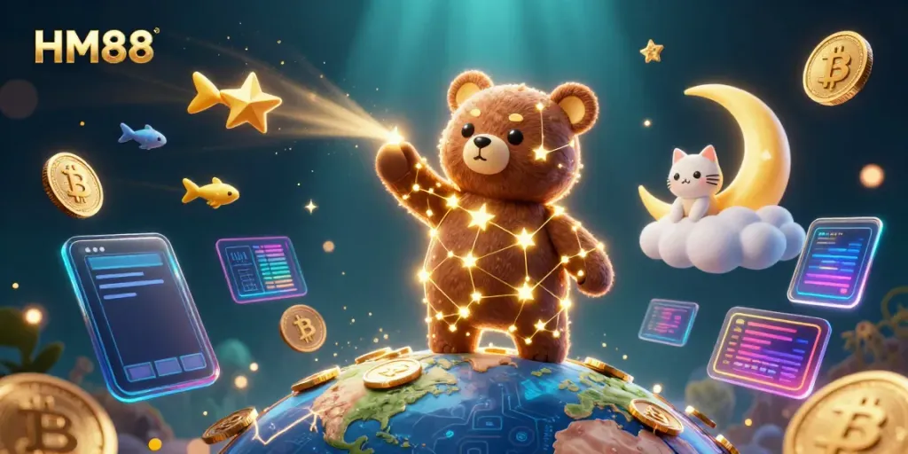 HM88 constellation bear scooping coins and inviting luck in vibrant casino scene