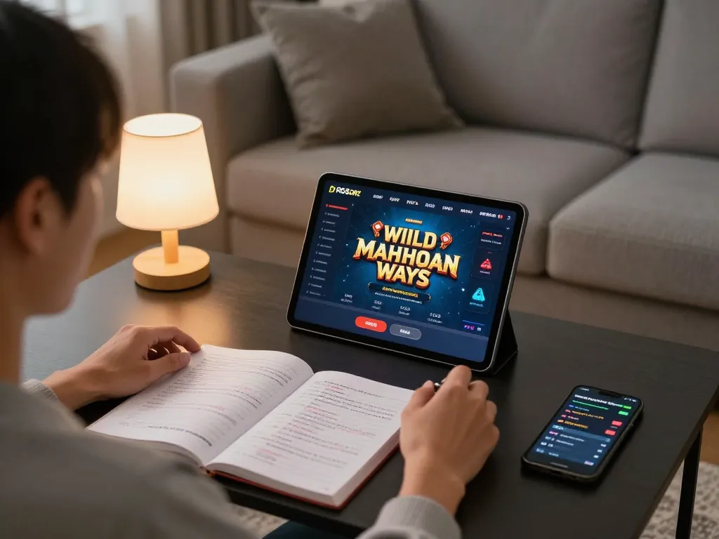 IDNSCORE player engaged in strategic gameplay using tablet at home, colorful gaming interface visible.