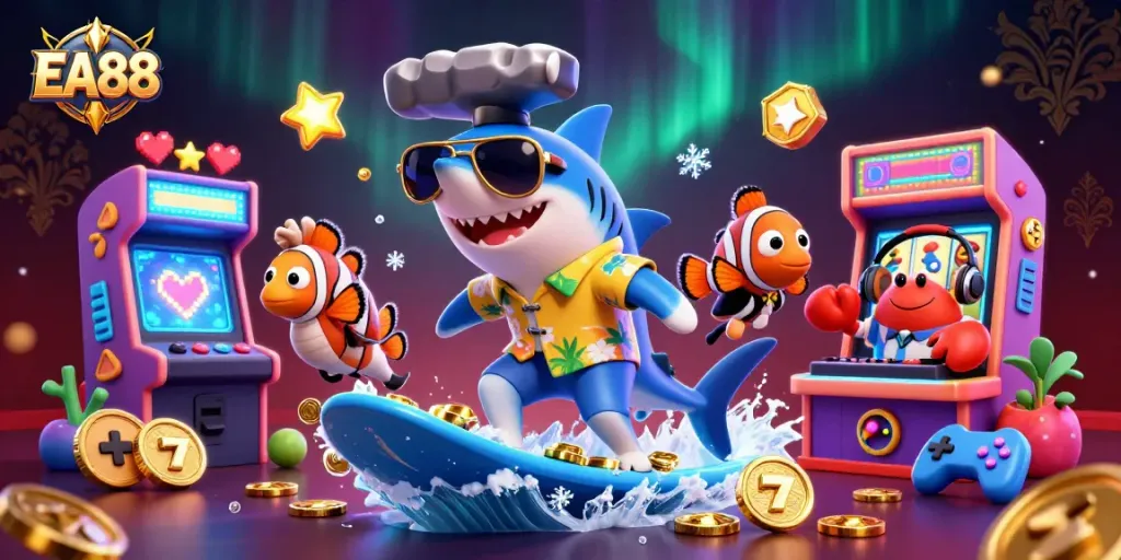 Experience thrilling gameplay with EA88 as a cartoon shark, clownfish, and crab DJ surround colorful casino elements.