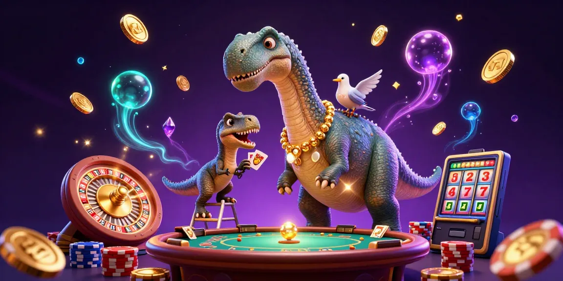 Bolaslot99 showcases a vivid casino scene with a towering brontosaurus and raptor dealing cards.