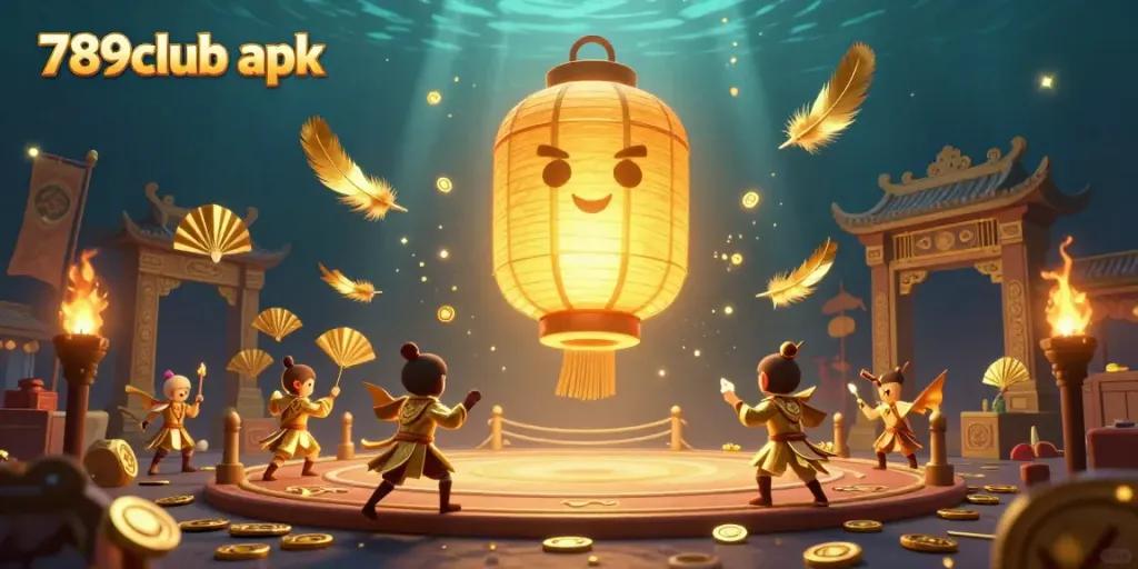 Engage with the vibrant 789club apk experience amidst dynamic scenes of a golden lantern and warriors in a casino.