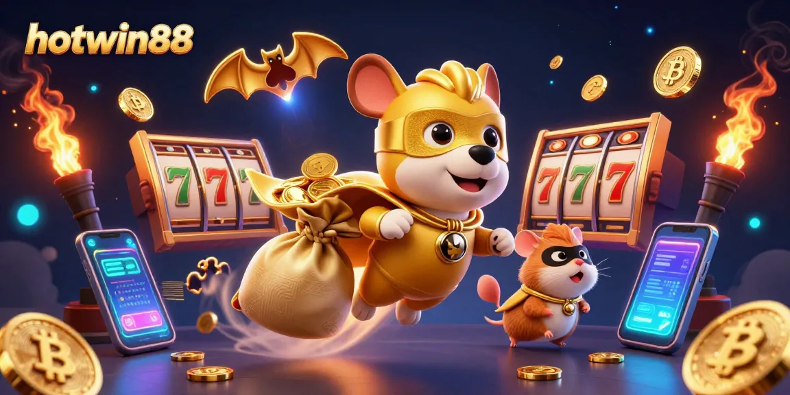 Experience exciting wins at hotwin88 with the superhero dog and his hamster sidekick in a vibrant casino world.
