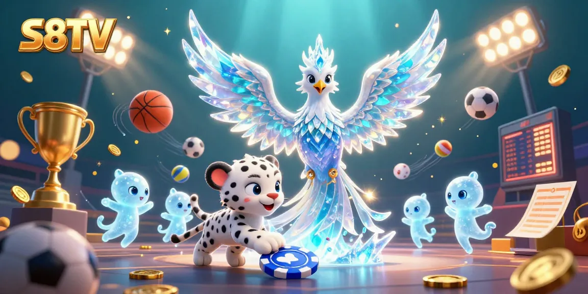 S8TV offers a vibrant visual experience with a phoenix, glowing sprites, and sports elements in a dynamic scene.