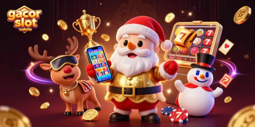Win big at gacor slot website with Santa and his reindeer, featuring vibrant casino elements and jackpots.