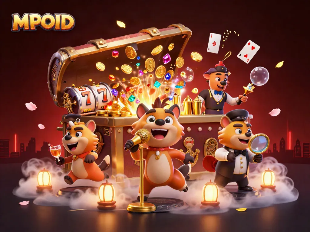 MPOID lively hyenas hosting a comedy casino club with vibrant games and gold coins.