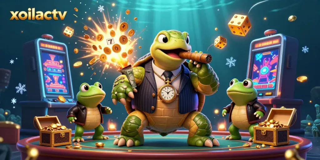 Xoilactv’s bold cartoon scene features a turtle mobster and bullfrog enforcers amidst a jackpot explosion.