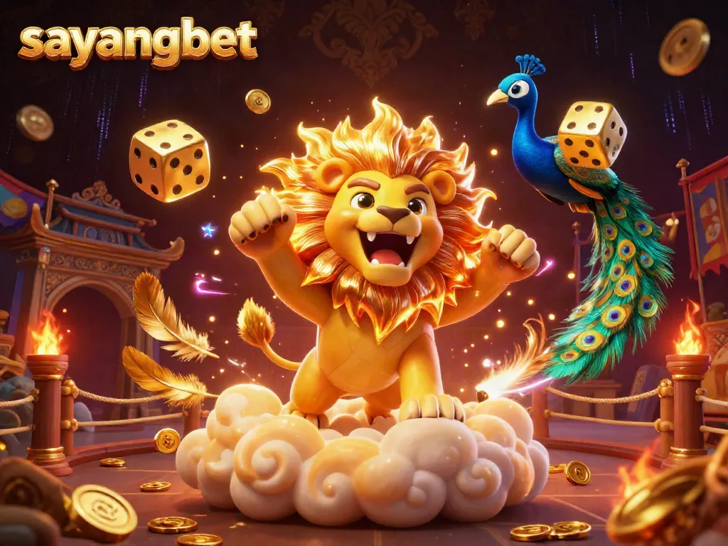 Experience thrilling wins with sayangbet featuring a roaring lion, dice, and vibrant casino elements.