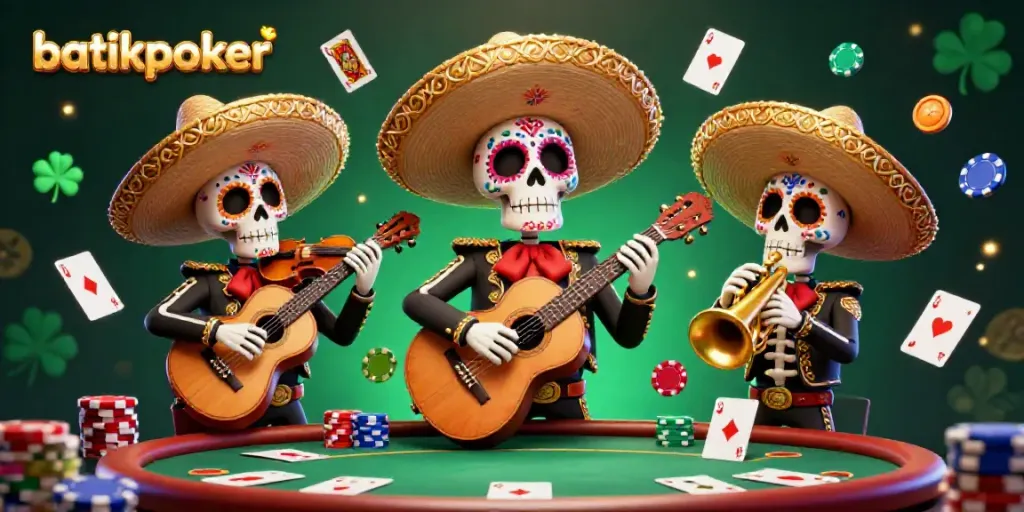 Gambarkan suasana poker meriah di batikpoker dengan band mariachi rangka dan elemen permainan kartu.