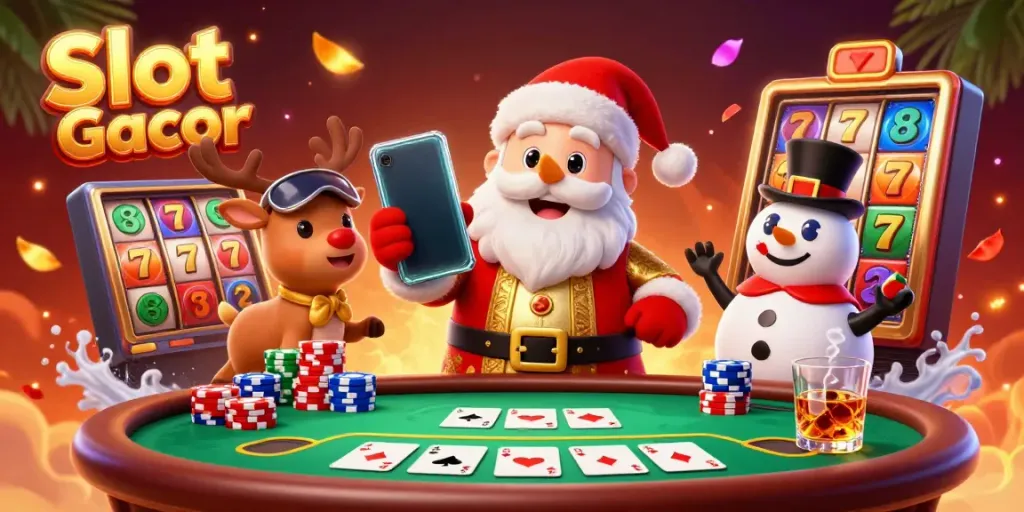 Experience Slot Gacor action with Santa, reindeer, and snowman amidst vibrant casino elements.