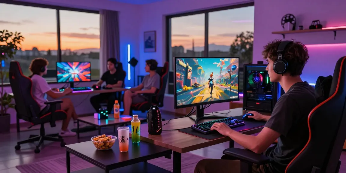 Suasana gaming dengan LUXURY777 Daftar di ruang modern, menampilkan monitor dan perangkat gaming.
