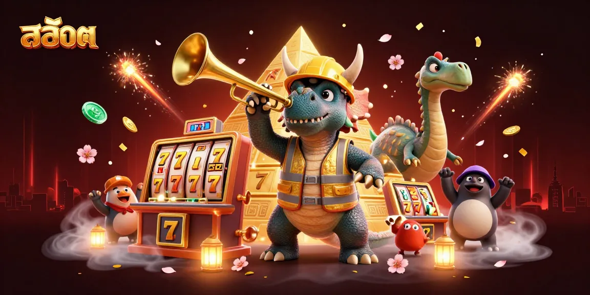Engage in thrilling สล็อต adventures with an exciting 3D illustration of a triceratops and friends celebrating big wins