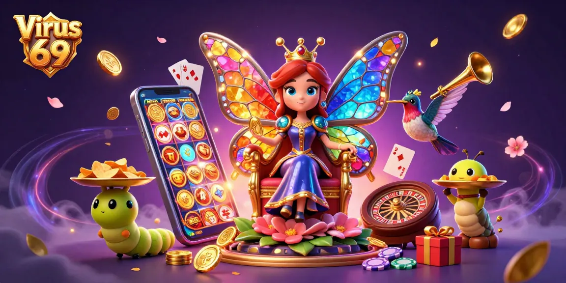 Engage with Virus 69 online casino games featuring a vibrant 3D scene of a butterfly queen and gaming elements.