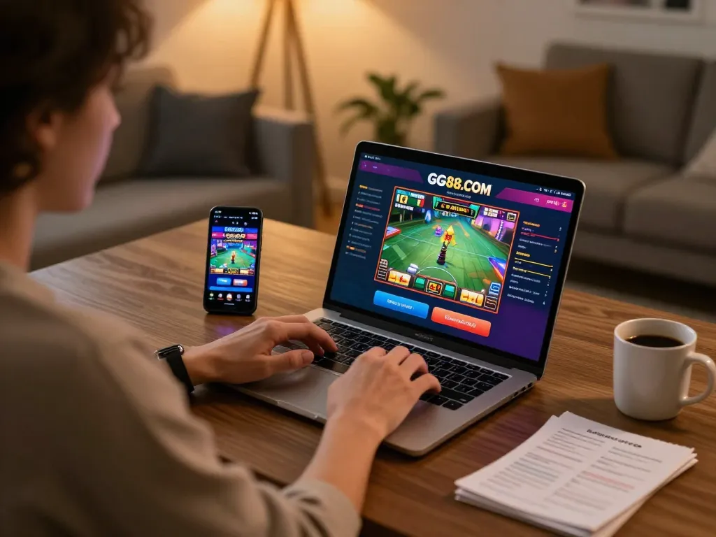 Engaging gameplay on GG88.COM online casino app, showing a user at home with laptop and smartphone.