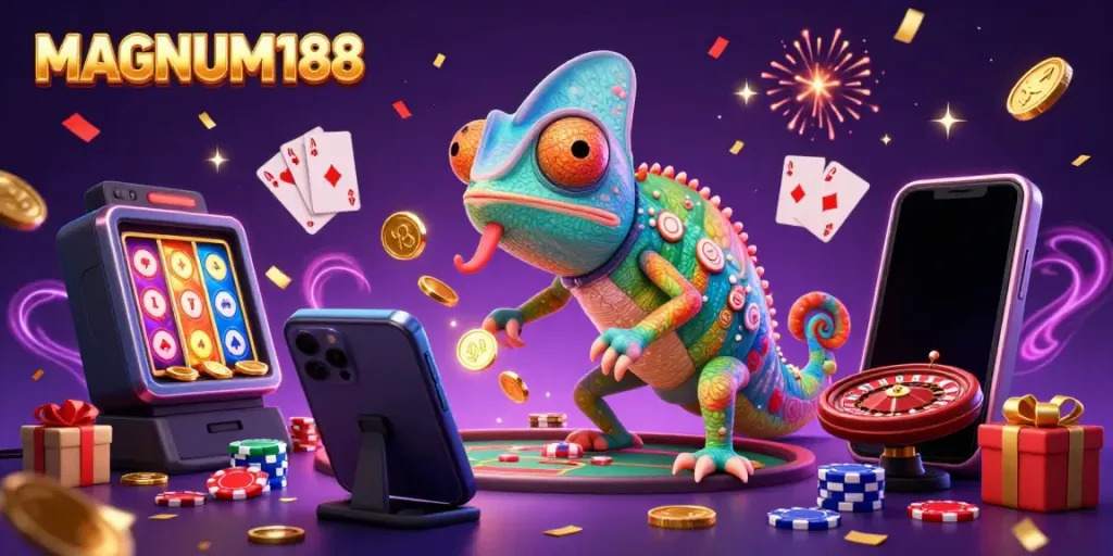 Win big with MAGNUM188 as a colorful chameleon casino owner captures golden coins amidst gaming excitement.