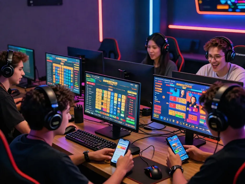 Players enjoying Bandar Togel in a vibrant online gaming lounge with colorful displays