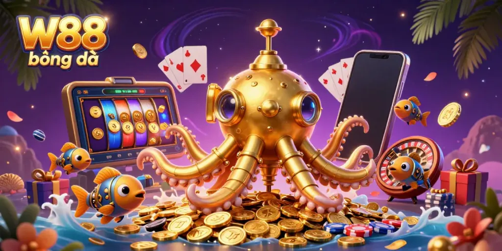 Experience the excitement of W88 bóng đá as the golden kraken surfaces in a treasure of coins among interactive casino games.