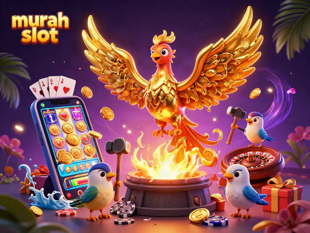 Mainkan murah slot dengan ilustrasi phoenix emas yang terbang, dikelilingi elemen kasino.