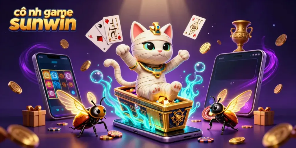 Engage with the cổng game sunwin featuring an Egyptian mummy cat in a pyramid casino surrounded by dynamic game elements.