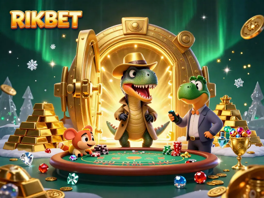 RIKBET illustration of a velociraptor card counter, stegosaurus pit boss, and pickpocket amidst gold and treasures in a casino