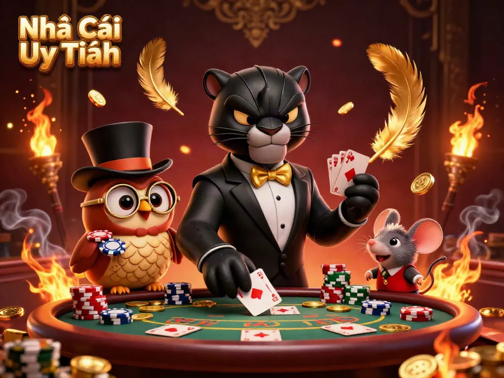 Engaging 3D illustration showcasing the Nhà Cái Uy Tín brand with vibrant casino elements and adorable characters.