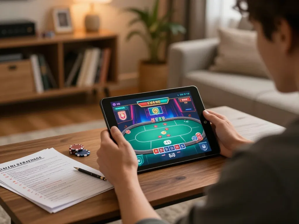 Pemain LGO99 yang berkonsentrasi pada permainan poker online dengan catatan taktis di rumah.