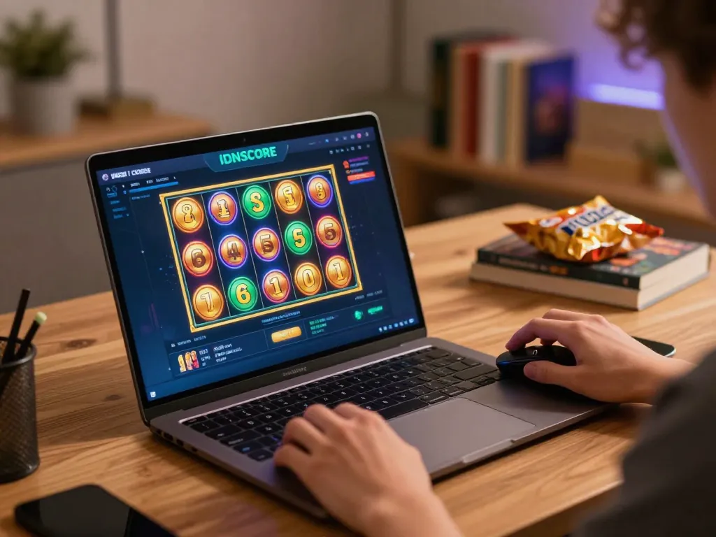 IDNSCORE online gaming interface displayed on a laptop showcasing vibrant slot graphics while a player prepares to spin.