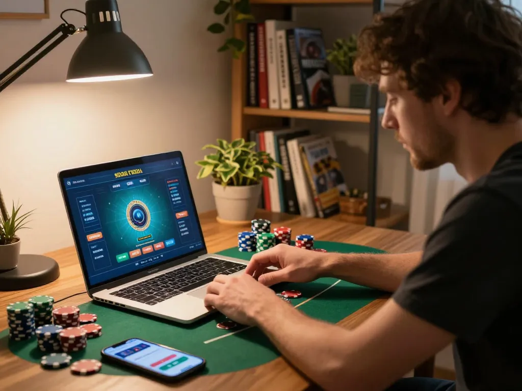 33 win strategies displayed on laptop during online poker game at home, showcasing engaged player.