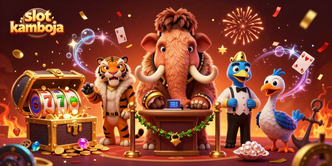 Mainkan slot kamboja dengan bouncer mammoth dan tamu VIP di kasino yang penuh warna.