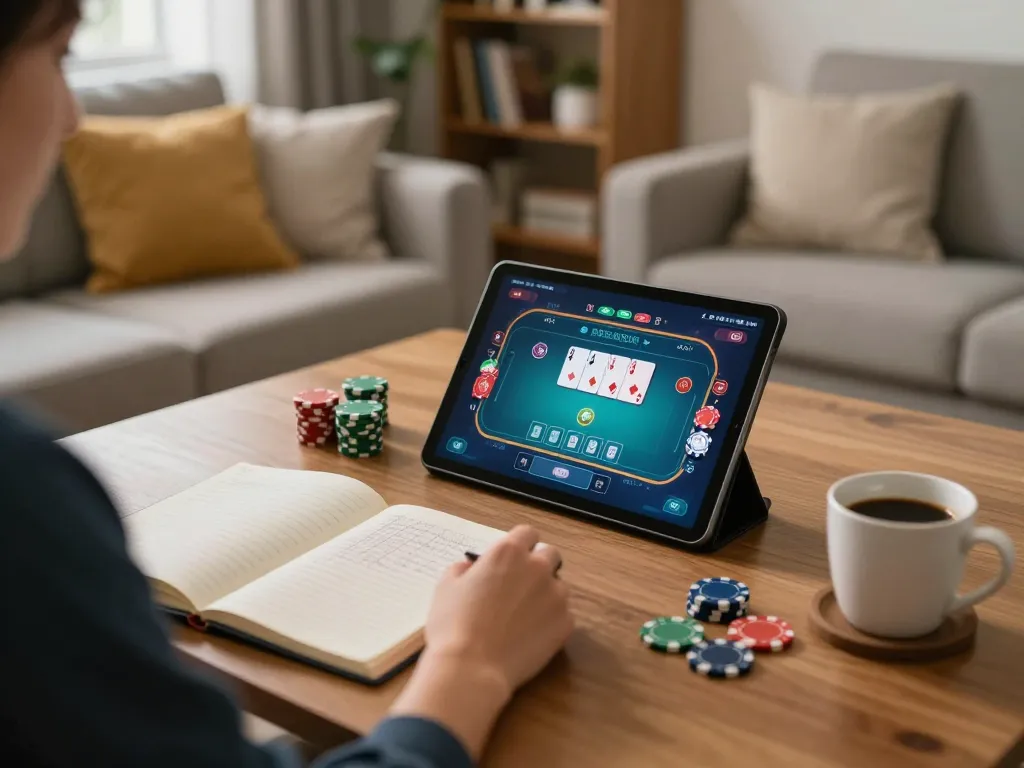 Engaged player enjoying poker on tablet, janadenole platform enhancing gaming experience.