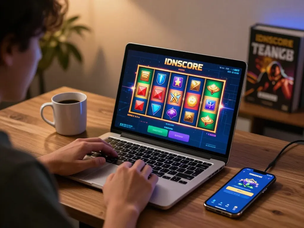 Play an exciting IDNSCORE online slot game with dynamic visuals and engagement in a cozy gaming setup.