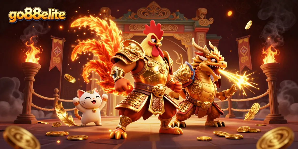 Experience thrilling battles with the go88elite rooster warrior and dragon in a vibrant casino scene.