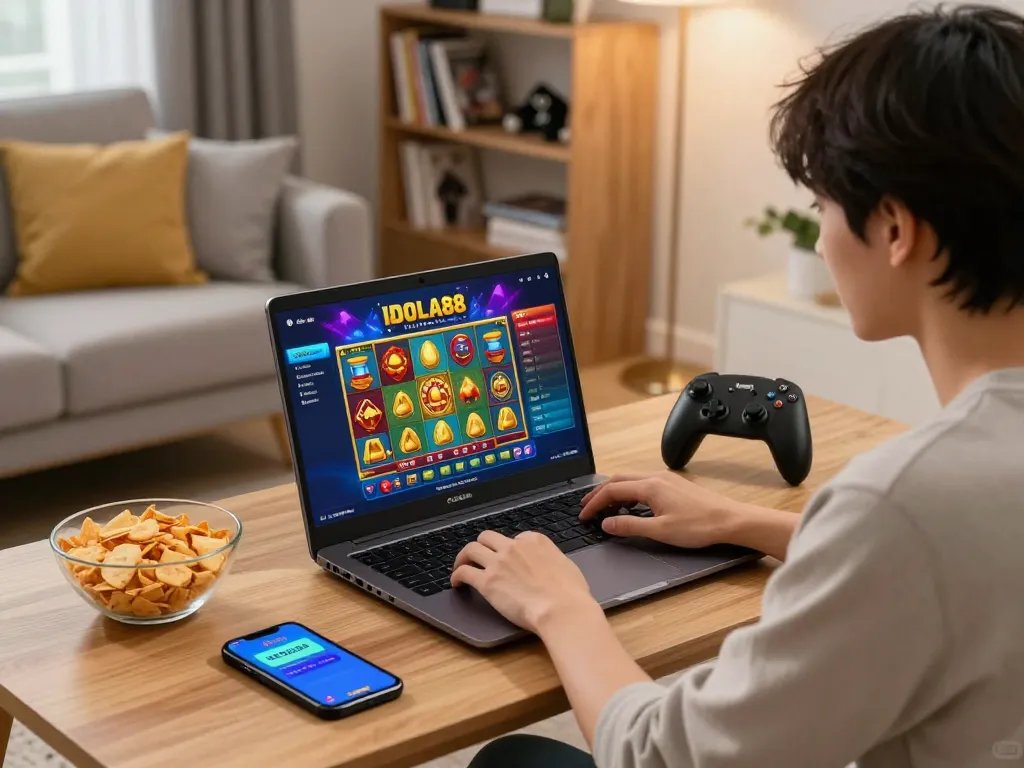 IDOLA88 online gambling atmosphere with a gamer in a cozy living room