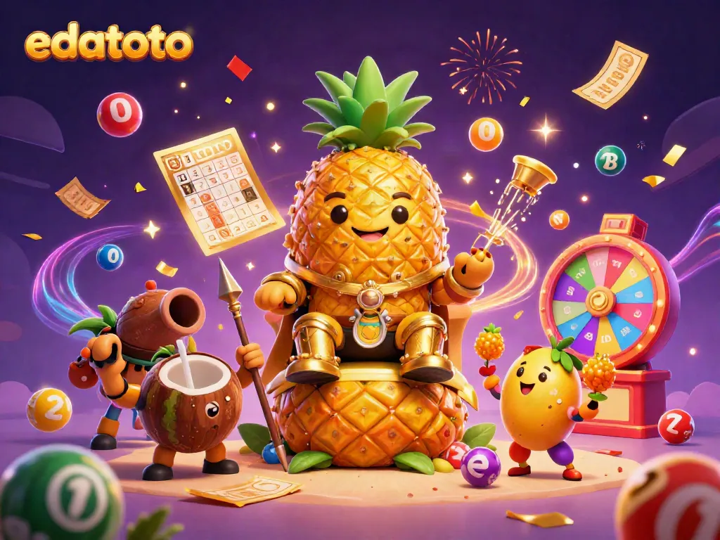 Gambarlah edatoto dengan karakter raja nanas emas dan petunjuk permainan lotere yang memukau.