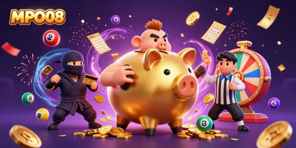 Vibrant MPO08 gaming scene featuring anthro cartoon piggy bank and dynamic elements for casino excitement.