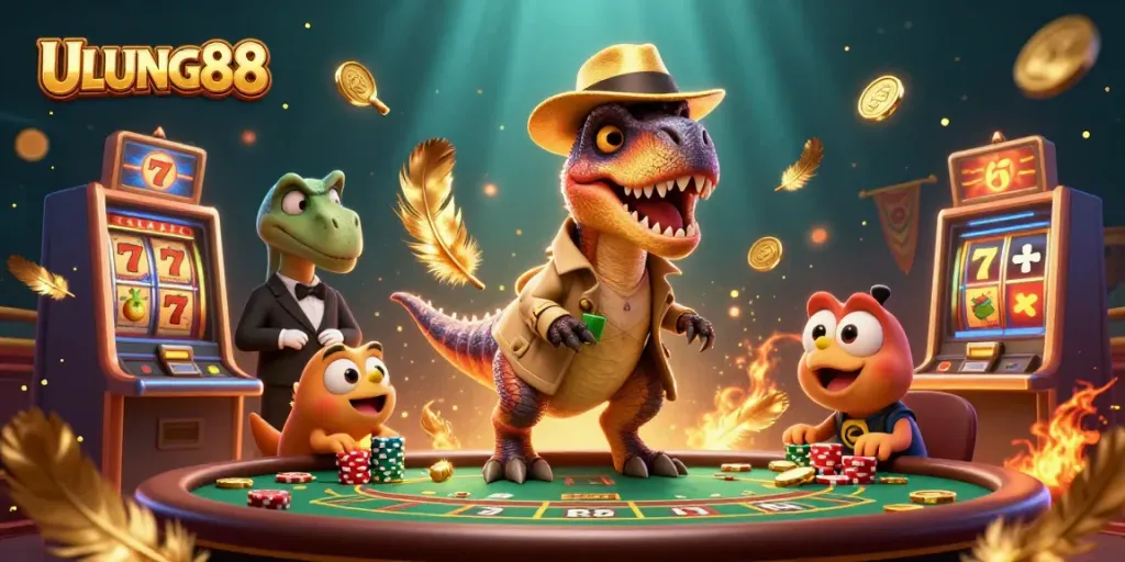 Experience the engaging action of ULUNG88 with cartoon dinosaurs at a blackjack table