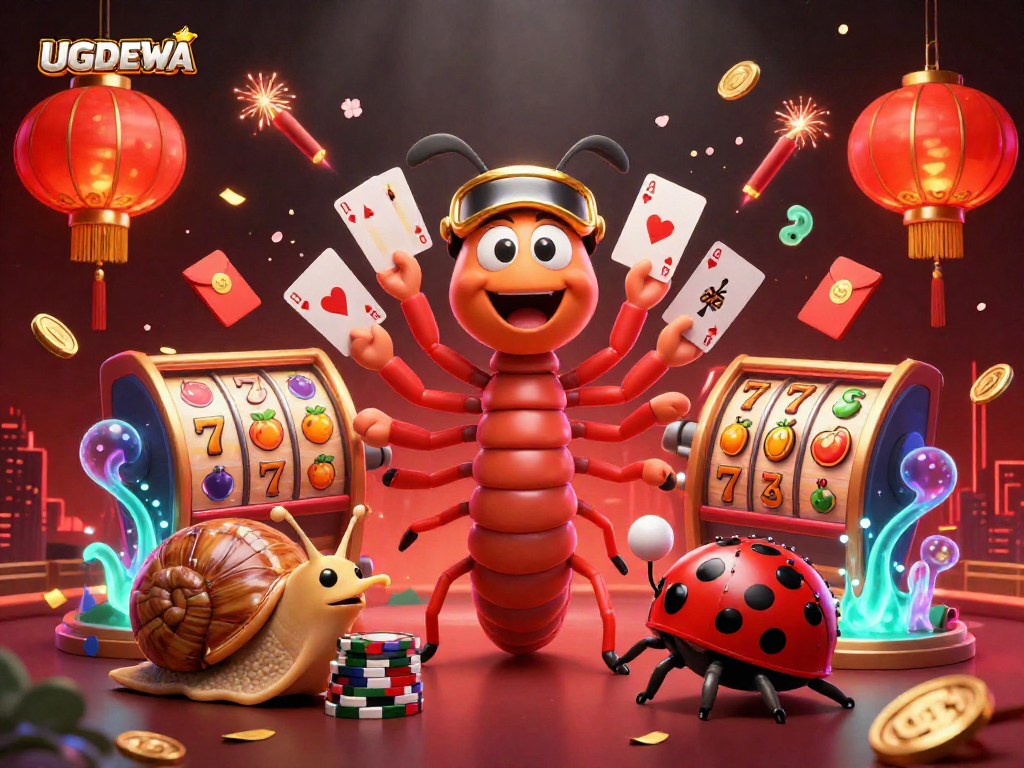 Experience thrilling gameplay with UGDEWA featuring a millipede dealer and a snail high-roller in vibrant casino action.