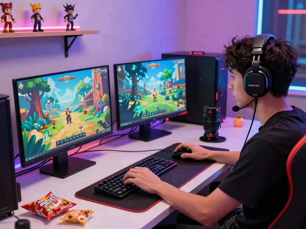 Pengalaman bermain game di BABE138 dengan fokus pada monitor, headset, dan suasana energik.