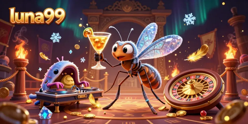 Gambaran ilustrasi 3D yang menarik dari karakter luna99 sebagai maskot kasino yang memegang koktail emas