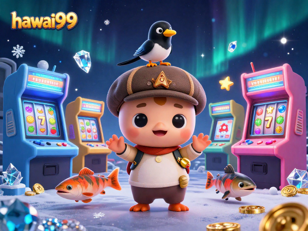 Play slots on hawai99 with a fun illustrated scene showcasing various 3D casino elements.