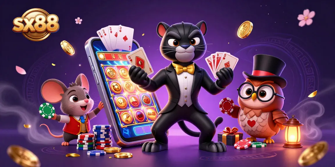 Experience high-stakes excitement with sx88 as the stylish panther deals cards amidst vibrant gaming elements.