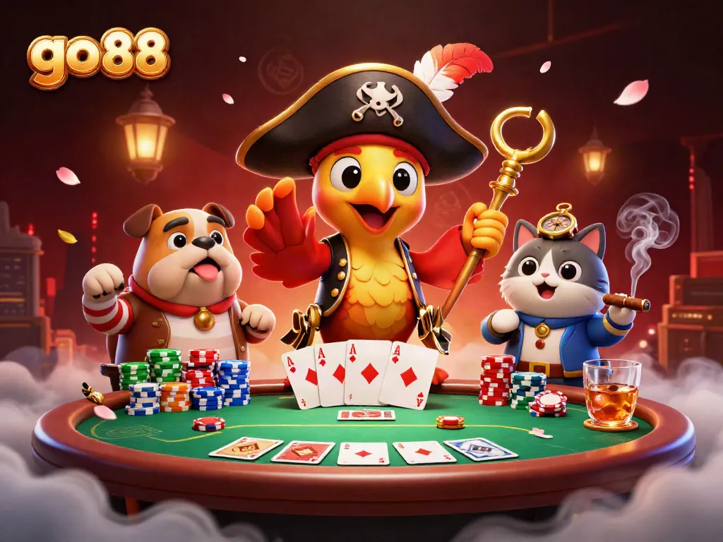 Experience exciting gameplay at go 88 with vibrant, detailed casino action featuring poker elements and animated characters.