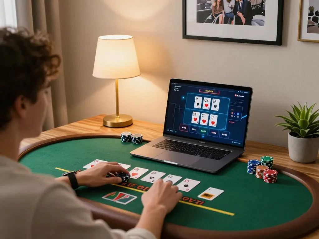 Pemain menikmati blackjack dealer langsung di laptop alexis500, pengaturan permainan nyaman di rumah