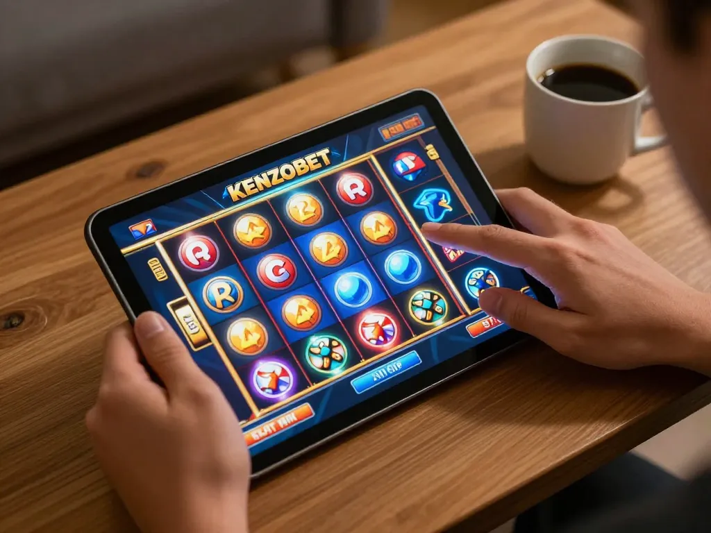 Engaged gamer enjoying KENZOBET slot on tablet in cozy home setting with warm lighting