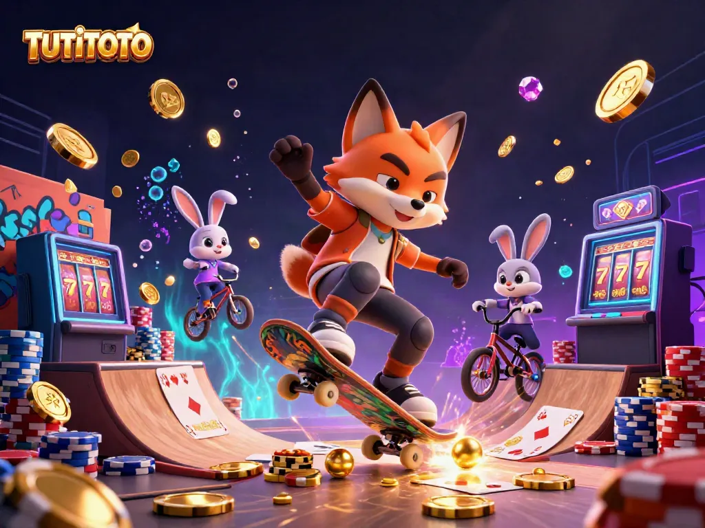 Join TUTITOTO in a vibrant casino adventure with a skateboarder fox and BMX rabbit amidst dazzling games.